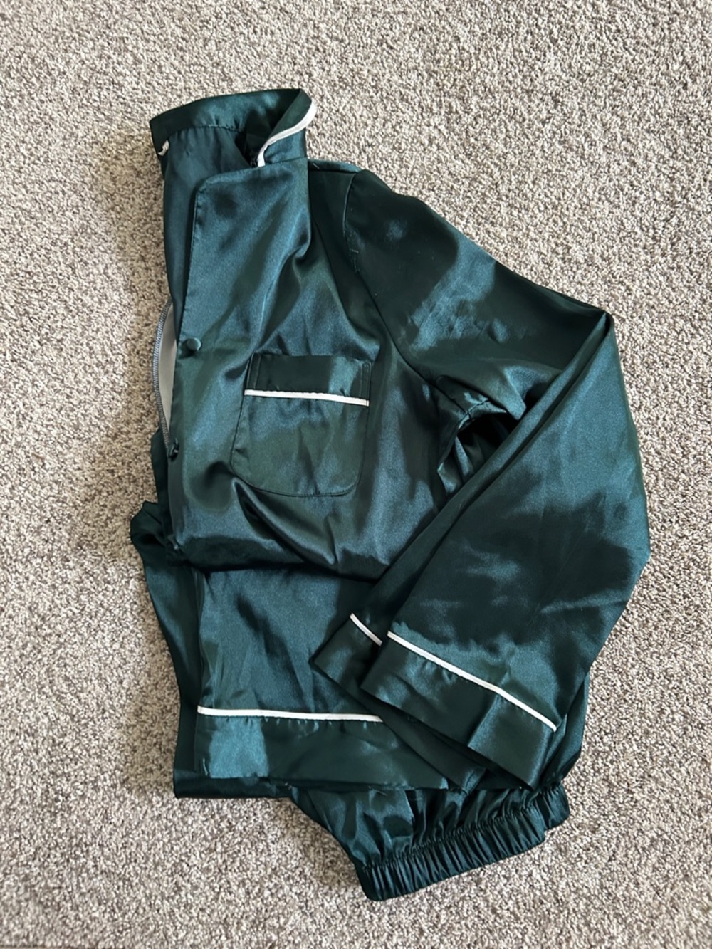 Satin Pajama Set in Deep Emerald with White Piping